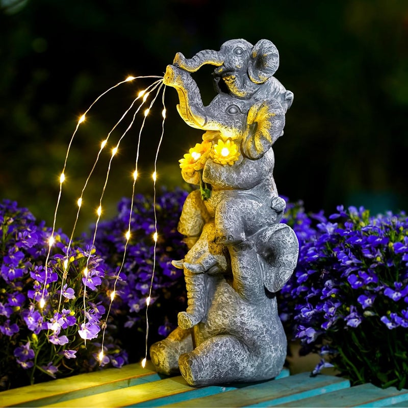 Pohabery Solar Garden Decor Elephant Statue Outdoor, Luck Triple Elephant Decorations for Yard Porch Lawn Patio - Ideal Gifts for Women Mom Grandma Senior Elder or Birthdays 12" - Image 1